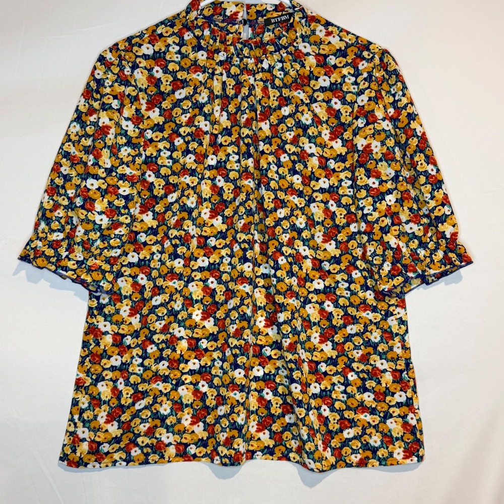 BTFBM Womens Floral Mock Neck Blouse Orange Yellow Ruffle Sleeve Top Size L